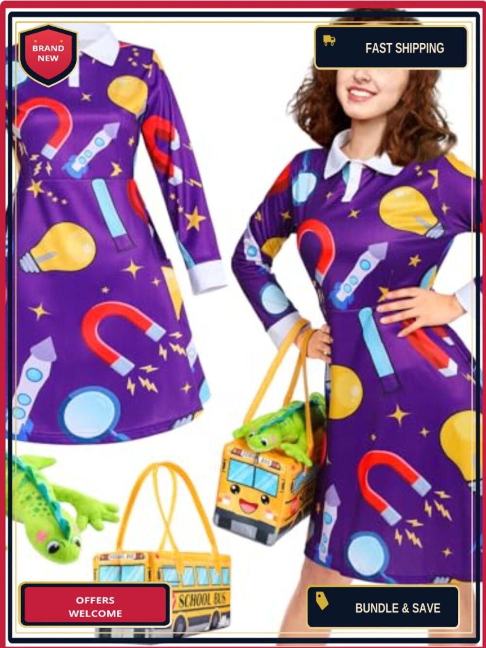 3 Pc Women Halloween Teacher Costume Dress with Bag & Lizard Doll